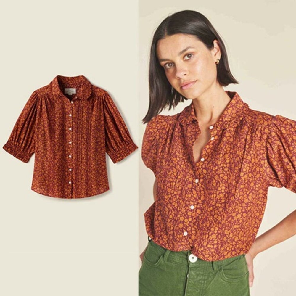 NWT Birds of Paradis Ruffled Collar Short Sleeves Gemma Blouse Floral Orange